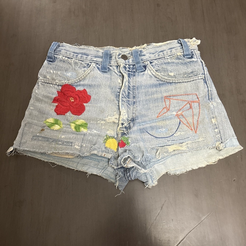 VTG Levis Patchwork Denim Shorts 1960s Big‎ E Hippie Cut Off Jean Shorts Size 28